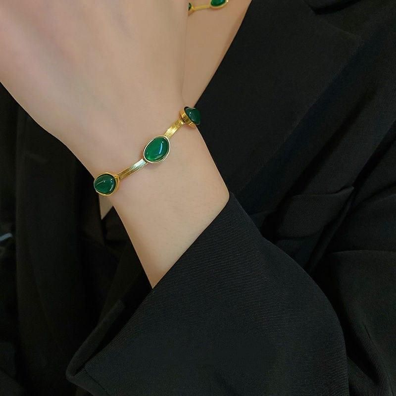 Oval Green Crystal Pendant Necklace Set With Bracelet 1tdhsw-7c