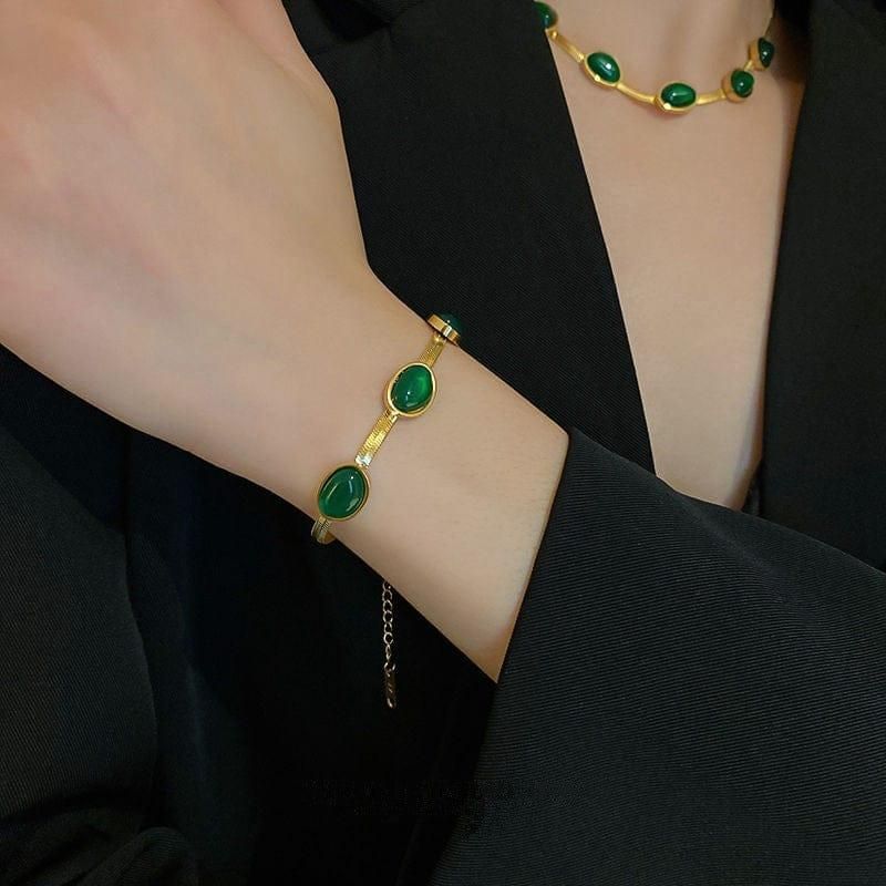 Oval Green Crystal Pendant Necklace Set With Bracelet 1tdhsw-7c