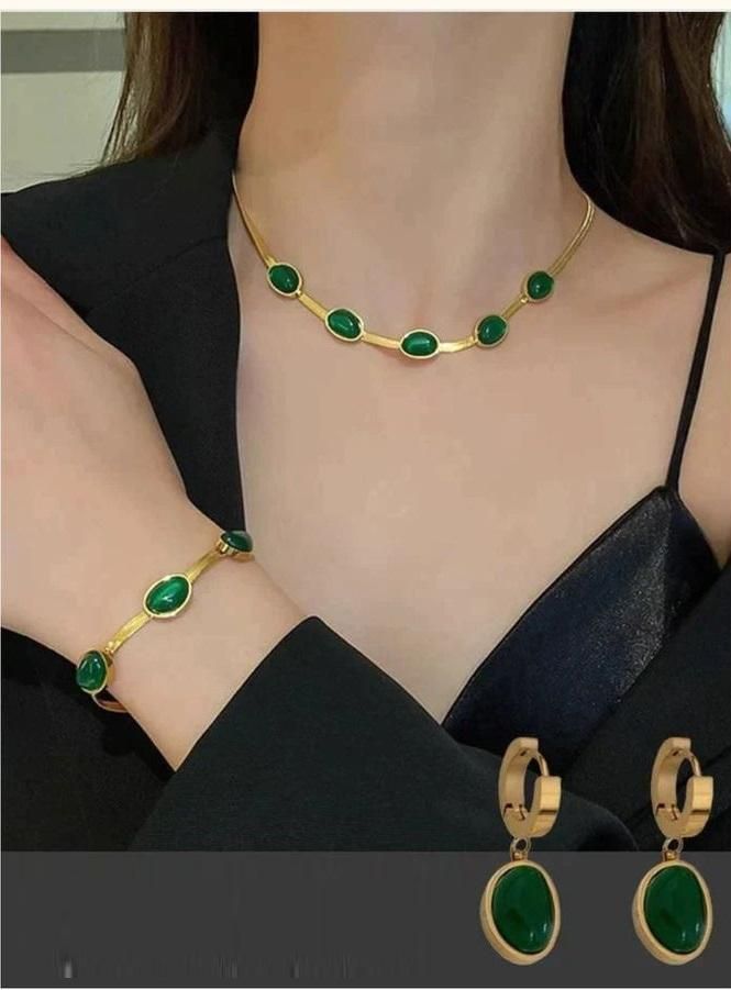 Oval Green Crystal Pendant Necklace Set With Bracelet 1tdhsw-7c