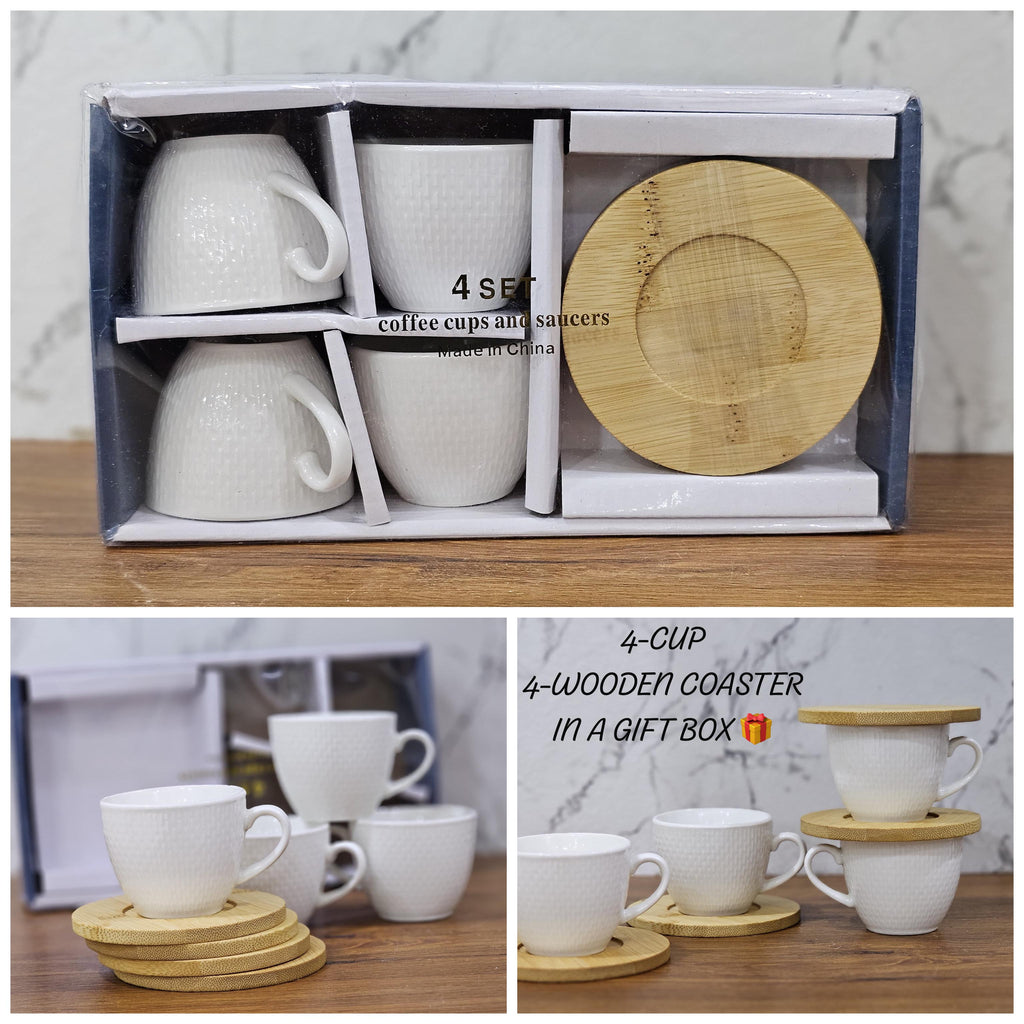 4- CERAMIC CUP & 4-WOODEN COASTED TEA SET PREMIUM QUALITY IN A GIFT BOX 🎁 PACKING ONE3 Novelty
