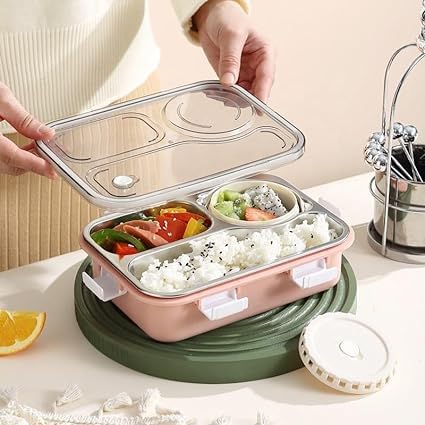 3-GRID WITH 1-DABBI 💯 LEAKPROOF PARTITION SILICON RING WITH SPOON&FORK LUNCH BOX ONE3FASHION