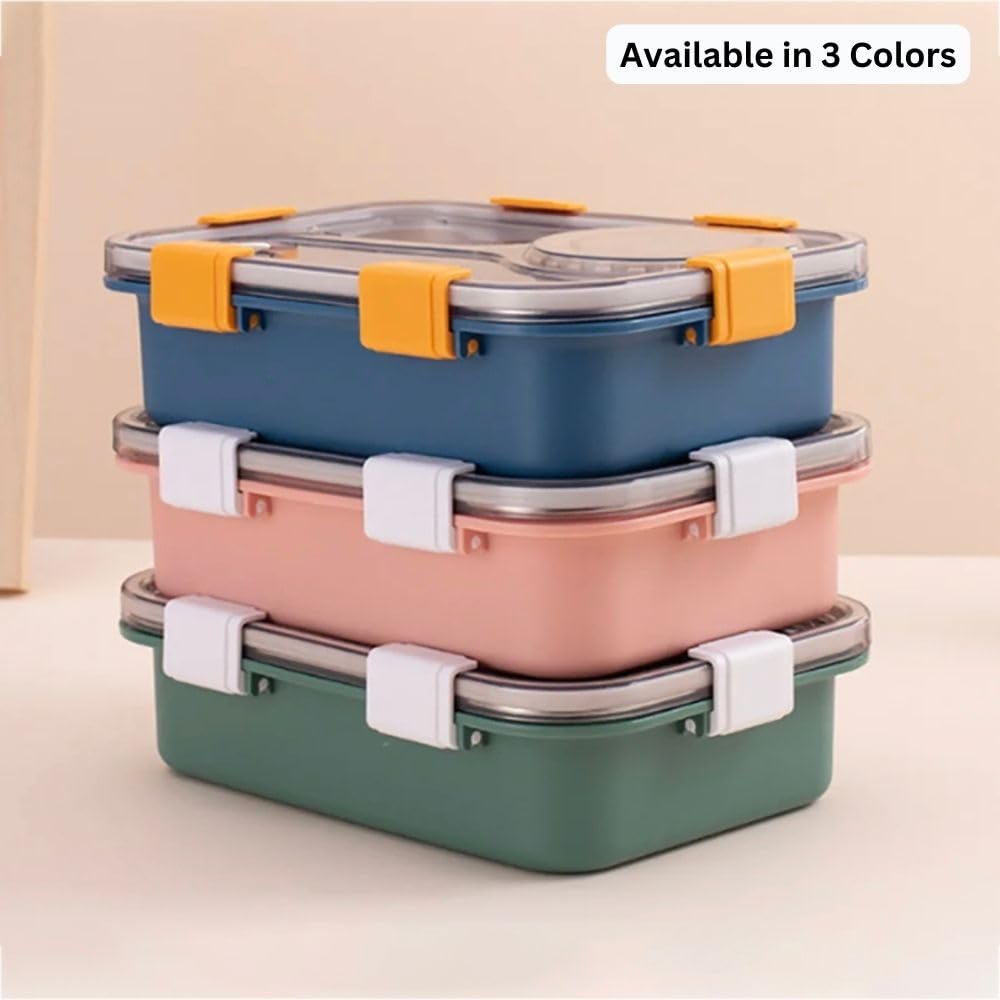 3-GRID WITH 1-DABBI 💯 LEAKPROOF PARTITION SILICON RING WITH SPOON&FORK LUNCH BOX ONE3FASHION