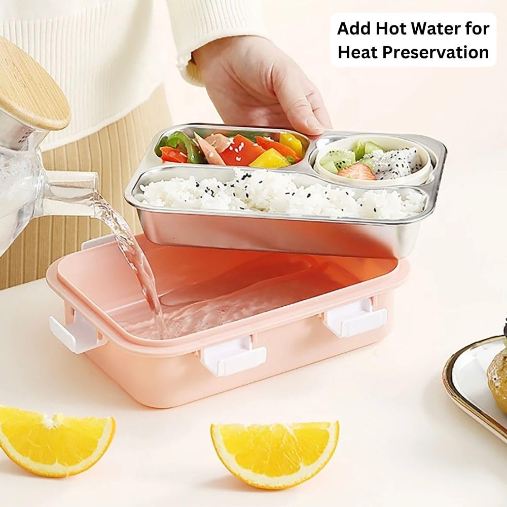 3-GRID WITH 1-DABBI 💯 LEAKPROOF PARTITION SILICON RING WITH SPOON&FORK LUNCH BOX ONE3FASHION