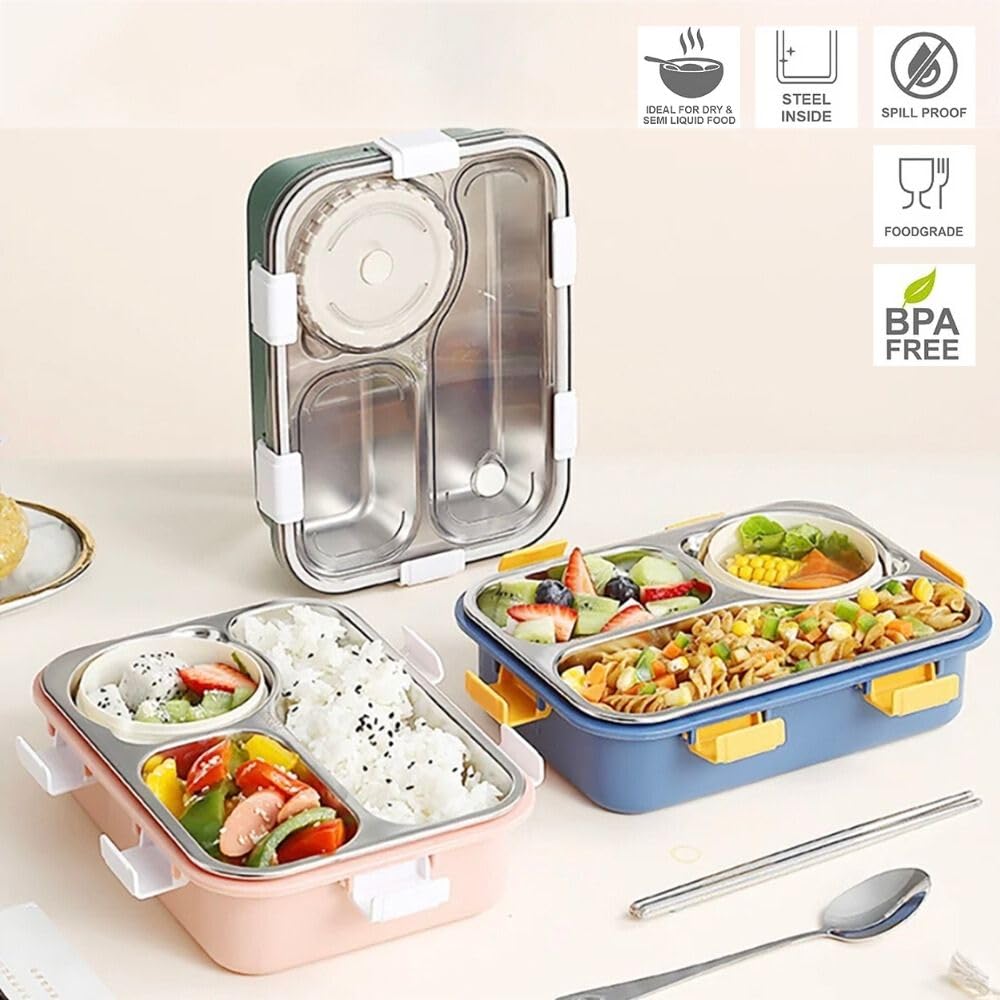 3-GRID WITH 1-DABBI 💯 LEAKPROOF PARTITION SILICON RING WITH SPOON&FORK LUNCH BOX ONE3FASHION