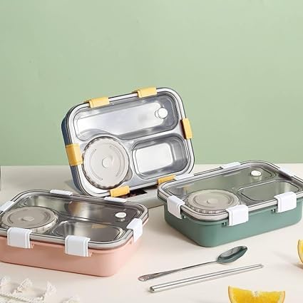 3-GRID WITH 1-DABBI 💯 LEAKPROOF PARTITION SILICON RING WITH SPOON&FORK LUNCH BOX ONE3FASHION
