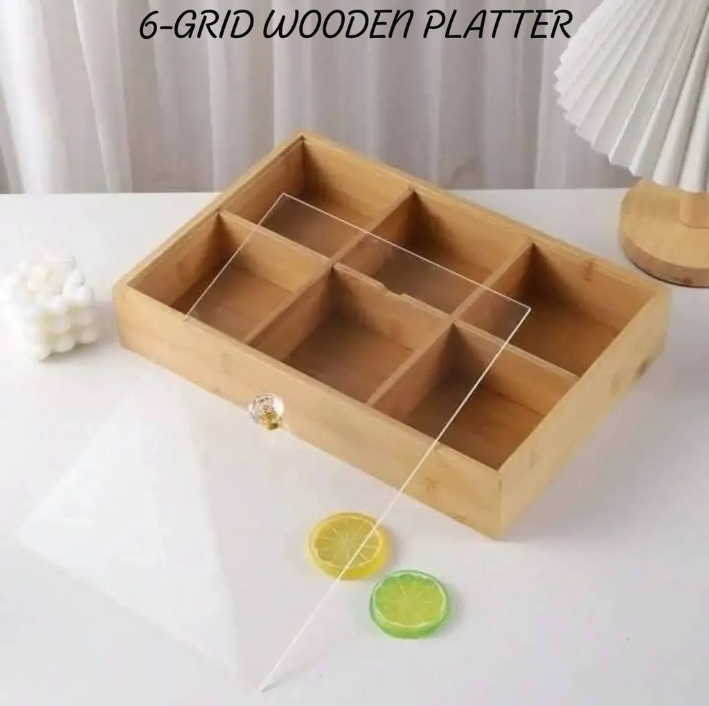 6-GRID WOODEN PLATTER SERVING TRAY SET WITH TRANSPARENT LID ONE3 Novelty