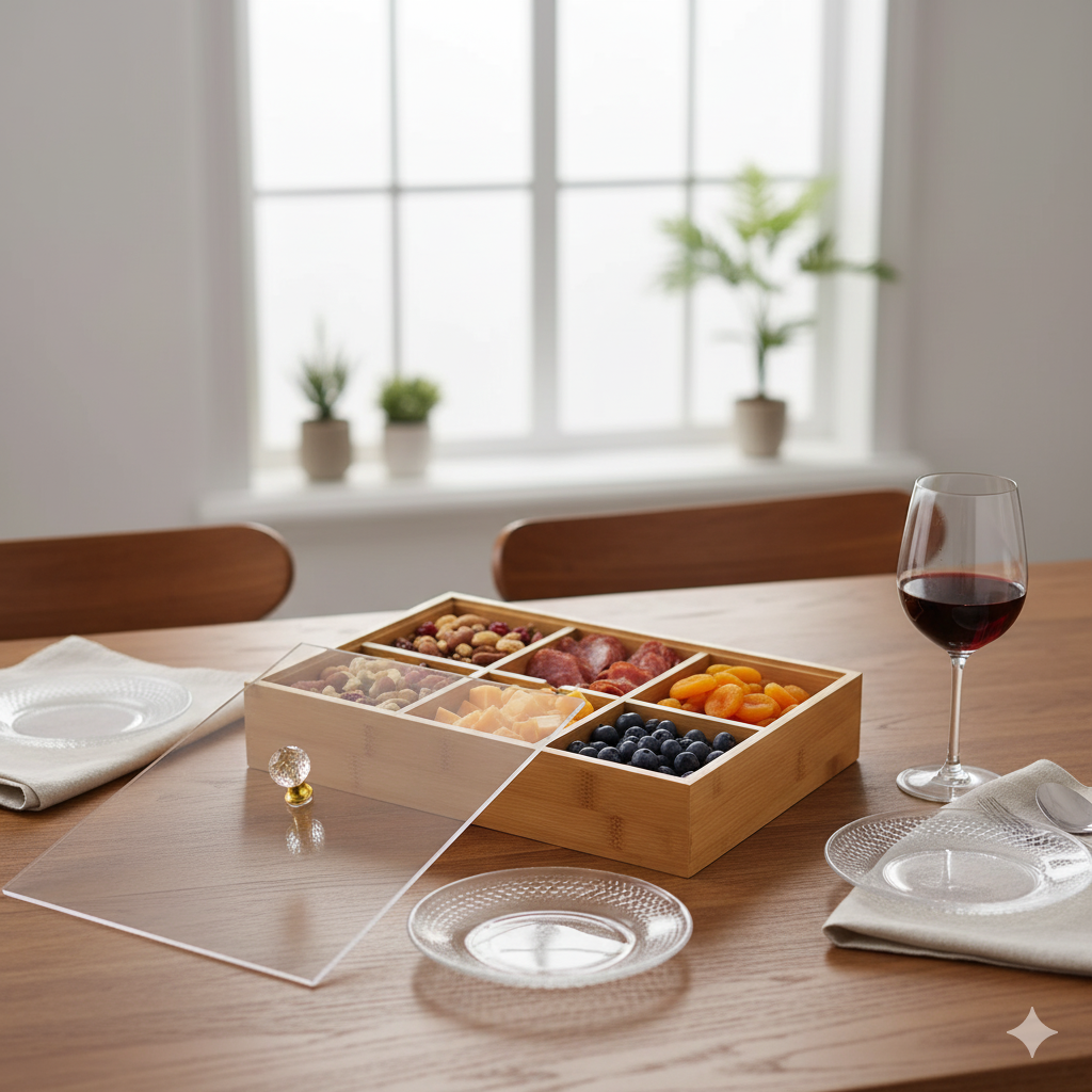 6-GRID WOODEN PLATTER SERVING TRAY SET WITH TRANSPARENT LID ONE3 Novelty